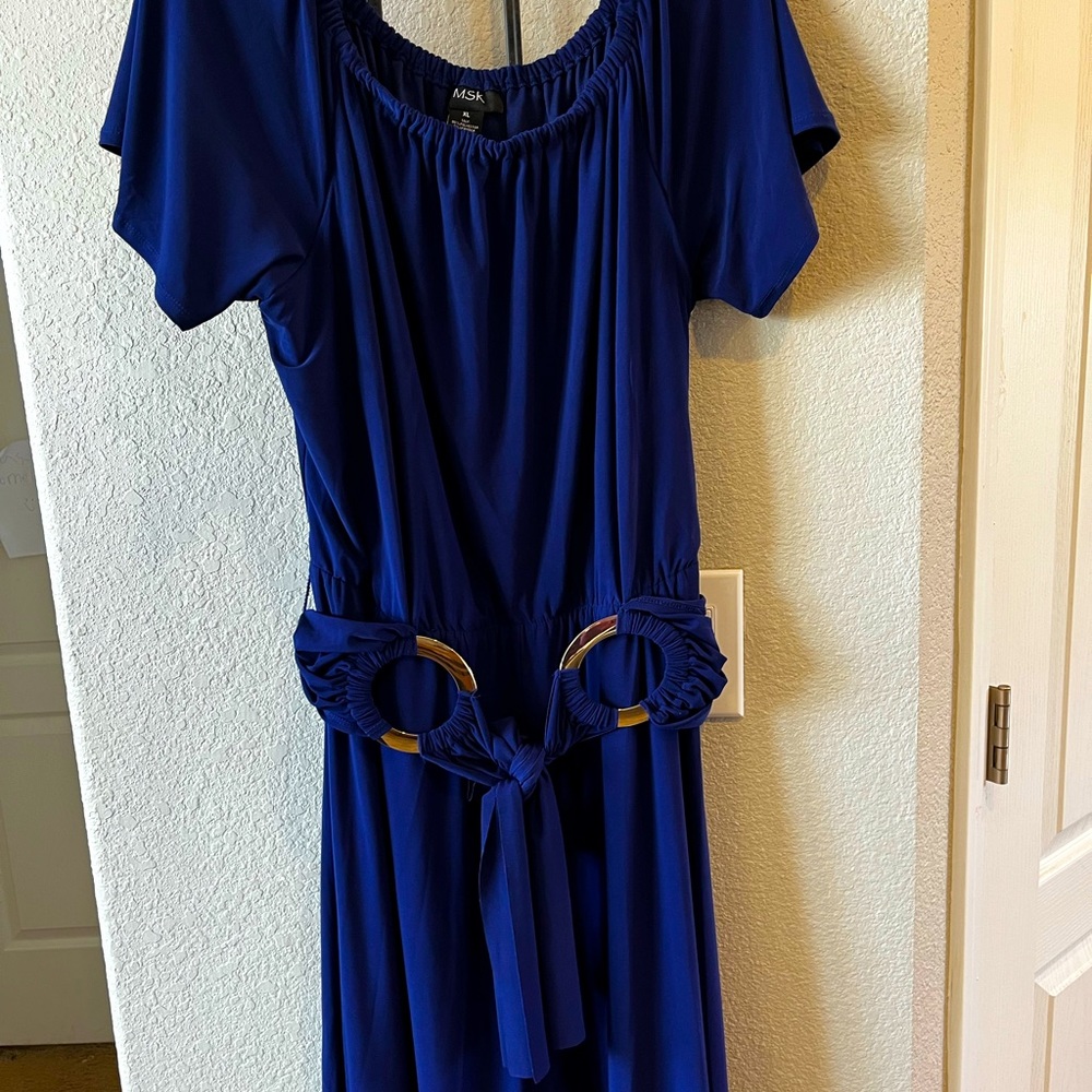 Wide leg belted waist royal blue formal wear jumpsuit with elastic neckline xl